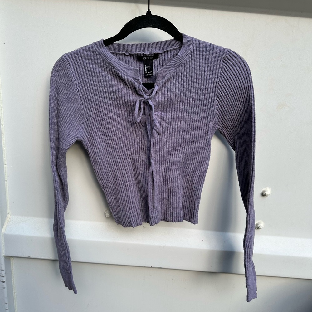Ribbed Tie-Front Cardigan – Lavender (L)